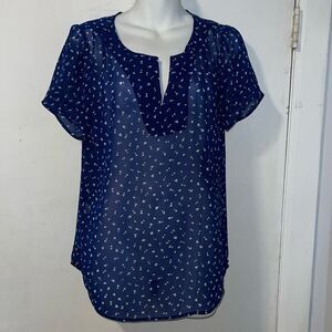 DANIEL RAINN Navy Blue With White Hearts Lightweight Short Sleeve Blouse-S